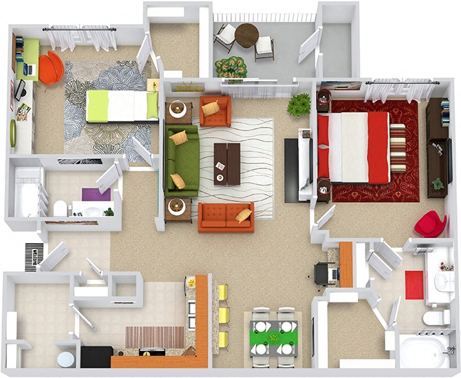 Floor plan for 2 beds, 2 baths, 1145 sqft